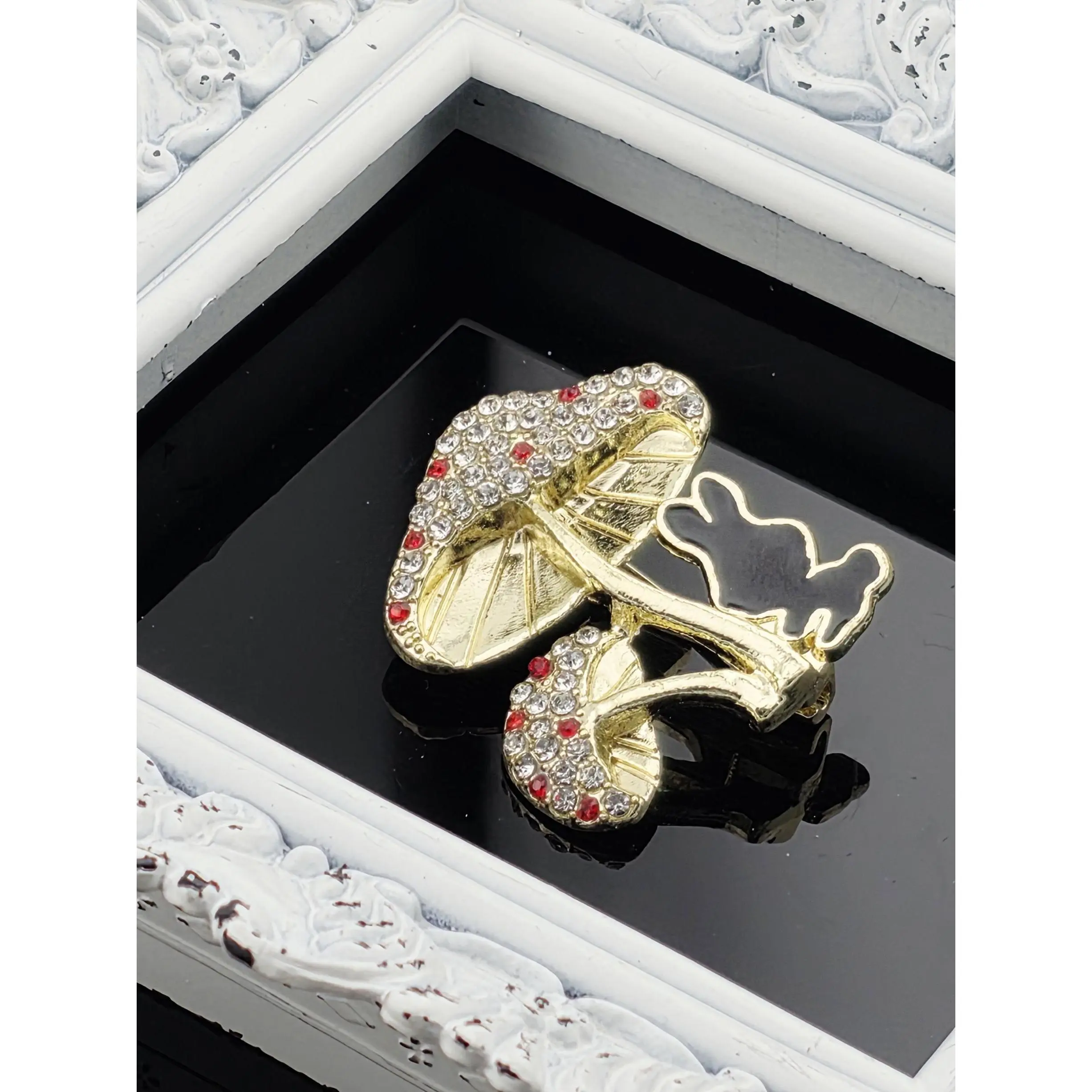 Gold Plated Rabbit Brooch - Sparkling Rhinestone Mushroom Pin