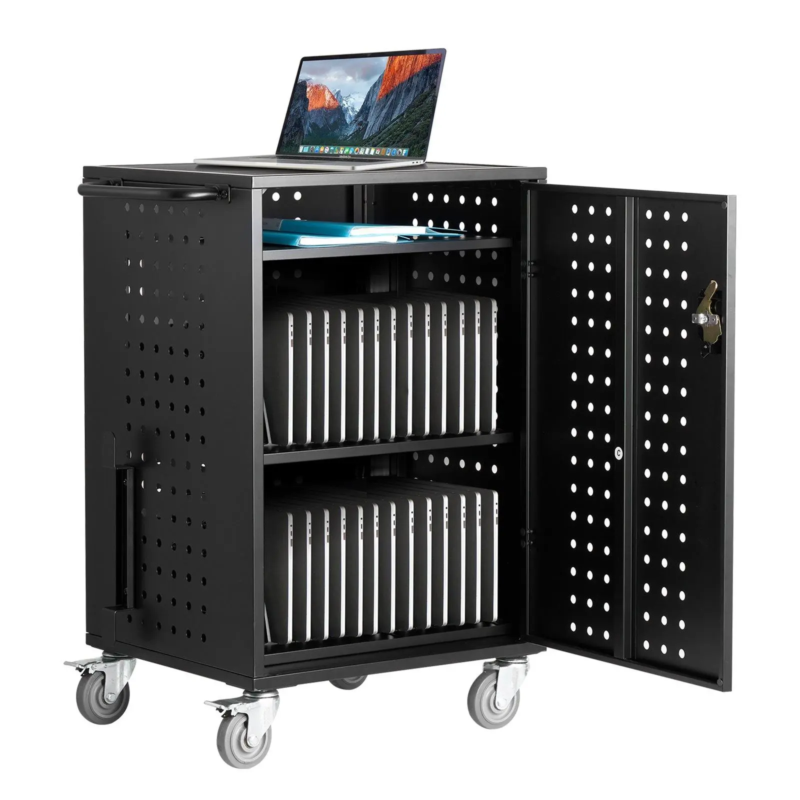 【toolupgrade】32-Device Sturdy Wheels Lockable Structure Mobility Charging Storage Cart with Cable Organizer, Surge Protection, Ventilated Design, Built-In Laptop & Tablet Storage, Chrome Indoor Solution (Ideal for Classroom Use), Library, Efficient Heat D