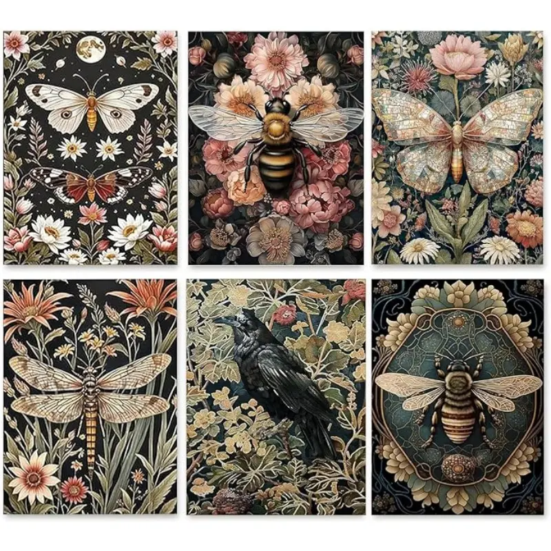 Rymilie 6-Pack 5D Full Drill Diamond Painting Kits - Dark Cottagecore Insects Diamond Art, Vintage Floral Moth Bee Dragonfly on Moody Botanical Background, Stress Reliever DIY Needlework Wall Decor for Adults