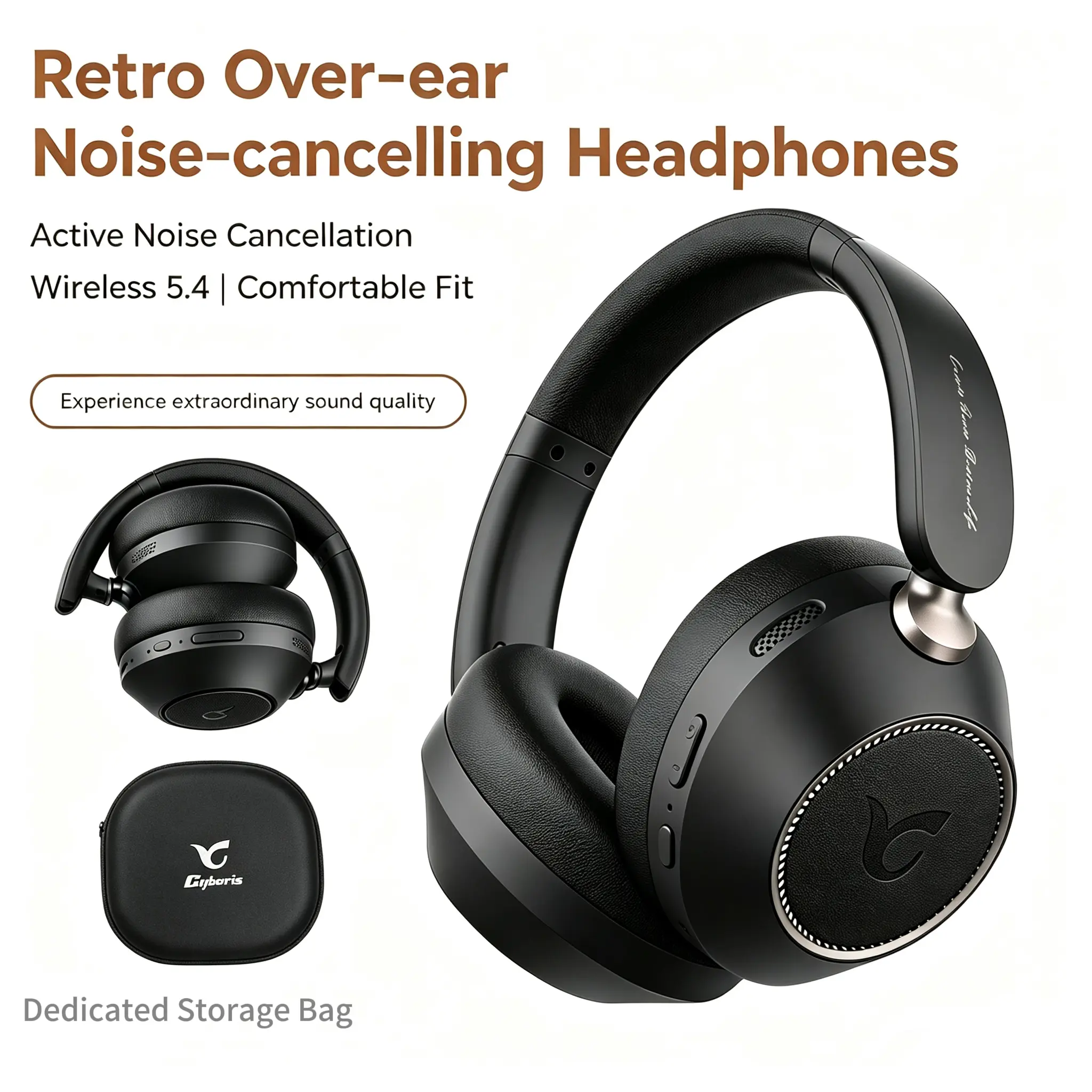CYBORIS ANC Noise Cancelling On-Ear Audio game Headphones, Bluetooth 5.4 Wireless Headset with 65H Playtime, Deep Bass, Low Latency, stereo sound Foldable Design, Built-In Mic, Dual Pairing for Travel/Office (Black) headphone