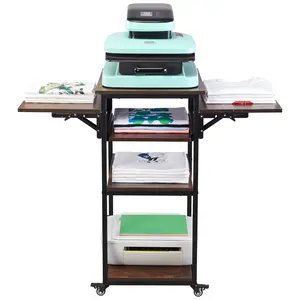 VEVOR Heat Press Table with Charging Station, 4 Tier Movable Heat Press Stand, Foldable Heat Transfer Machine Stand with Wheels, Rolling Metal Workbench for Sublimation Transfer Machine, Brown