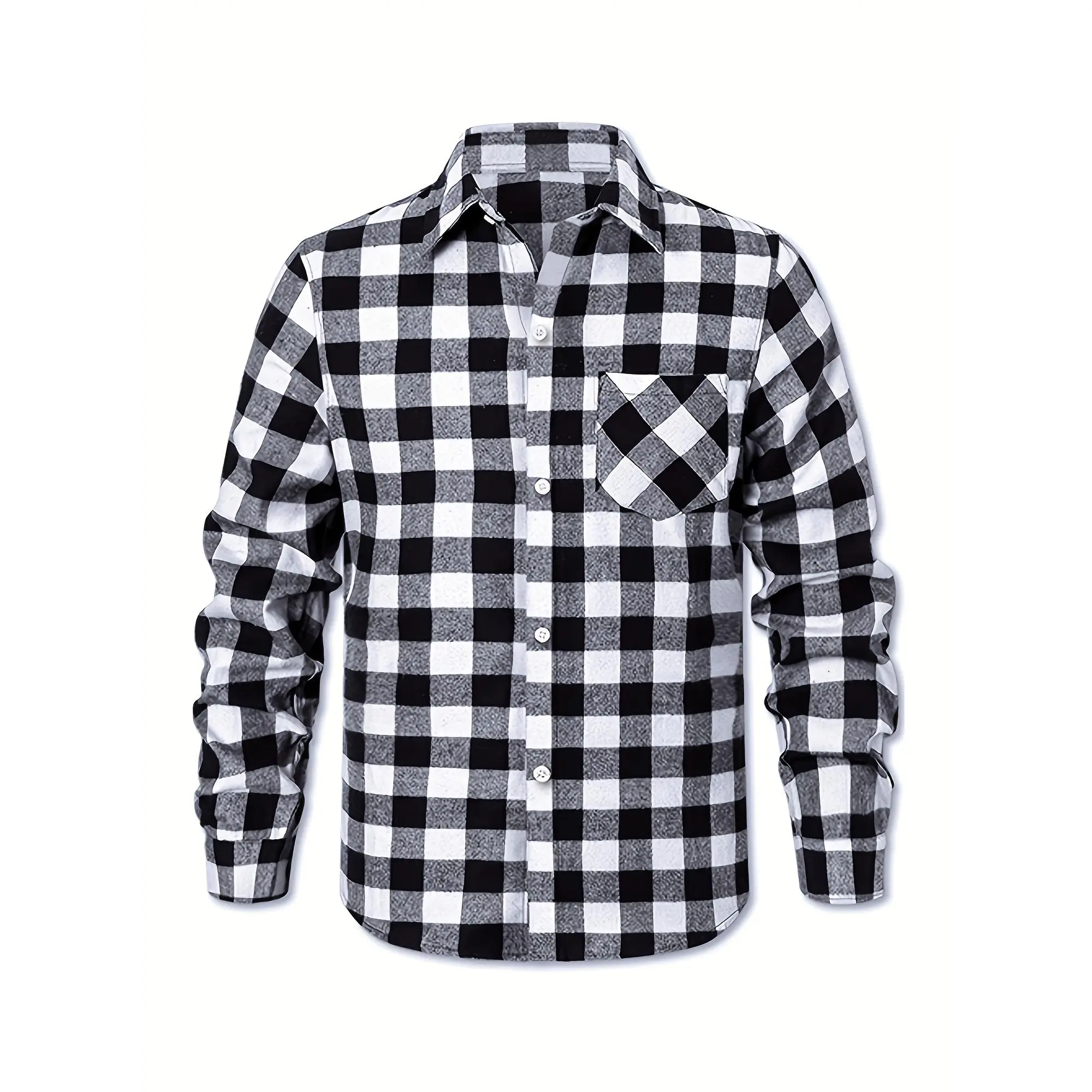 Plus Size Men's Classic Buffalo Plaid Flannel Shirt - Cozy Long Sleeve Button-Up, Black & White Checkered Pattern, Machine Washable for Everyday Comfort, PLUS SIZE