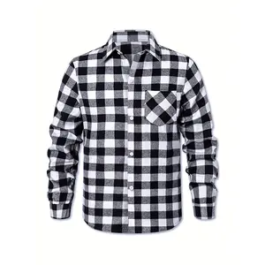 Plus Size Men's Classic Buffalo Plaid Flannel Shirt - Cozy Long Sleeve Button-Up, Black & White Checkered Pattern, Machine Washable for Everyday Comfort, PLUS SIZE