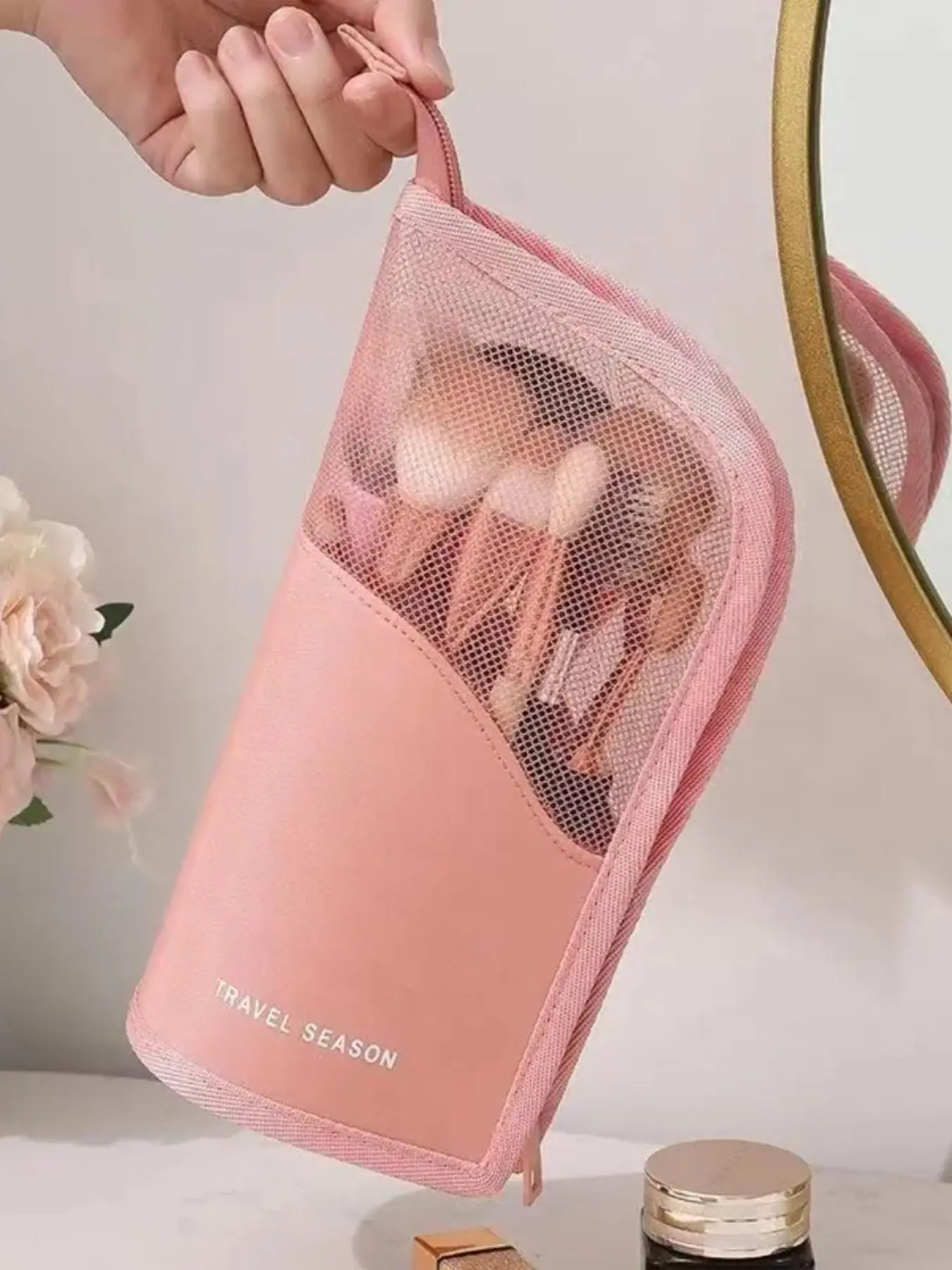 1count Vertical Makeup Brush Bag, Makeup Brushes Compartment, Elegant Fashion Large Capacity Storage Travel Eyeshadow Palette Pencil Case, Portable Cosmetic Organizer