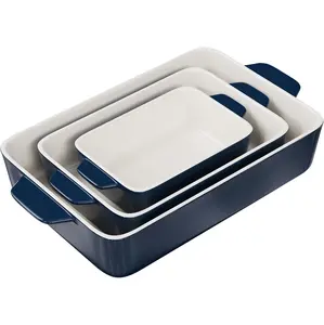 Kook Casserole Dish, Ceramic Baking Dish, Large Lasagna Pan Deep for Oven, 8.5 x 14, 11 x 7, 8 x 5, Set of 3, 92oz, 50oz, 20oz, Baking Pan with Handles, Oven Safe and Durable, Home, Gift, (Navy)