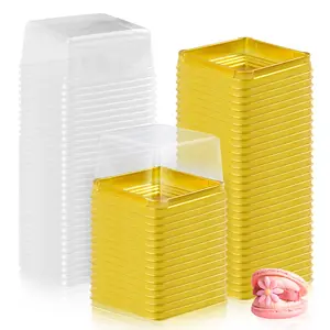 100 Set 3" Plastic Square Containers With Lids Cupcake Boxes Muffin Pod Dome Single Container Box For Wedding Birthday Gifts Supplies (golden)