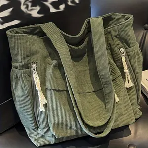 [Solid Color Corduroy Tote] Large Capacity Solid Color Corduroy Tote Bag - Multiple Pockets, Fixed Shoulder Straps, Zipper Closure, Polyester Lined - Ideal for Shopping, Commuting, and Short Trips, Dry Clean Only