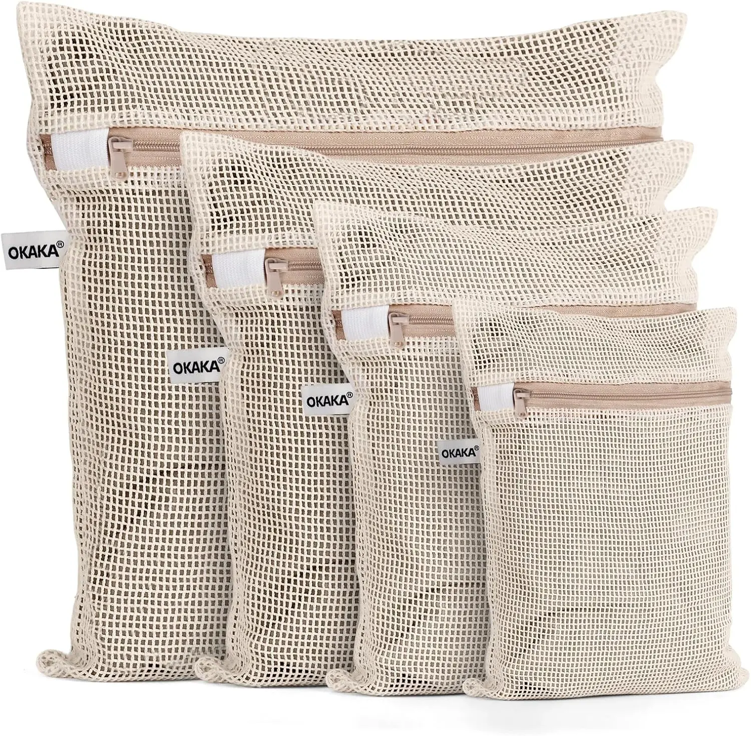 100% Cotton Soft Mesh Laundry Bags - Premium, No Dye, 4-Piece Natural Look Laundry Care Accessories Set, Four Pieces