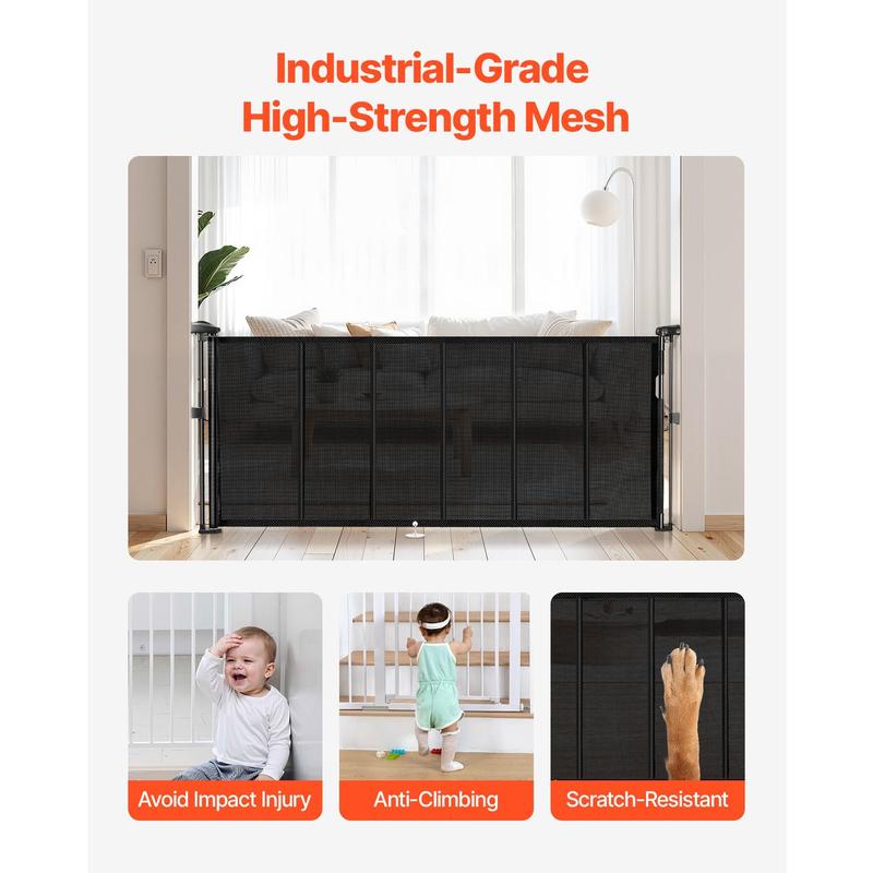 VEVOR Retractable Baby Gate, 34 inch Tall, Extends up to 71 inch Wide, Retractable Gate for Kids or Pets, Mesh Material, Easy to Install for Indoor Stairs, Doorways, Hallways, Playrooms, Black