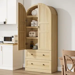 Farmhouse Dome Storage Cabinet with 2 Drawers, Kitchen Pantry Cabinet with 3 Storage Shelves, Arch Bookcase with 2 Doors, Bathroom Cabinet for Living Room, Kitchen, and Bedroom, Wood