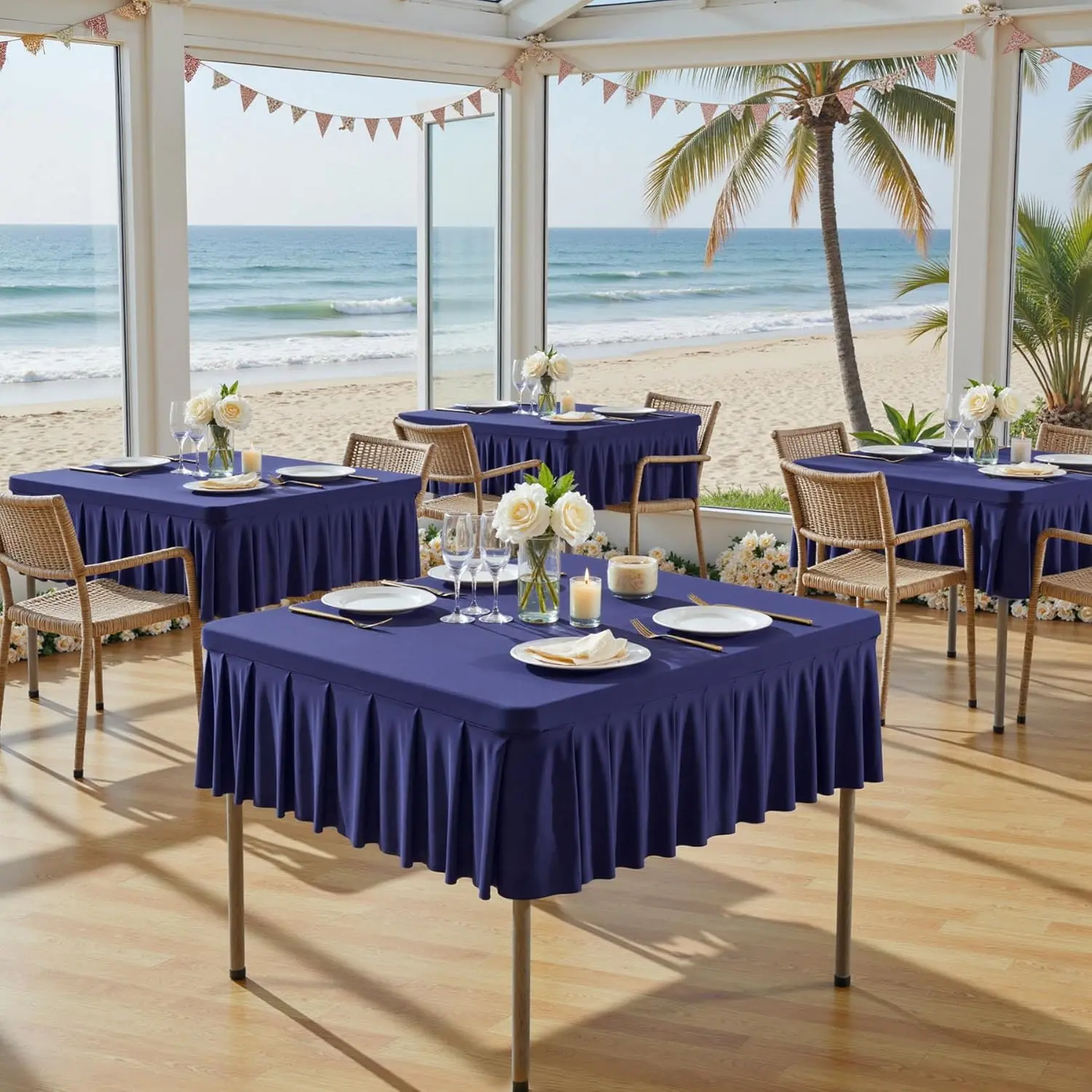 Navy Blue Spandex Tablecloths for 34x34 Inch Square Tables Stretchy Fitted Tablecloths for Small Square Card Tables with Ruffle Pleated Table Skirt Wrinkle-free Spandex Table Cover for Dining, Kitchen, Patio & Gift Display, Pleated Skirt, Classic