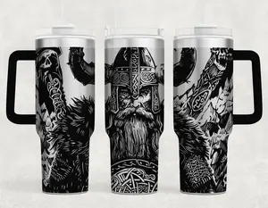 Viking Warrior 40oz Tumbler with Handle and Straw, Norse Mythology Stainless Steel Insulated Travel Mug, Nordic Odin Viking Helmet Warrior Art Cup, Large Capacity Hot Cold Coffee Water Tumbler, Viking Gift for Men
