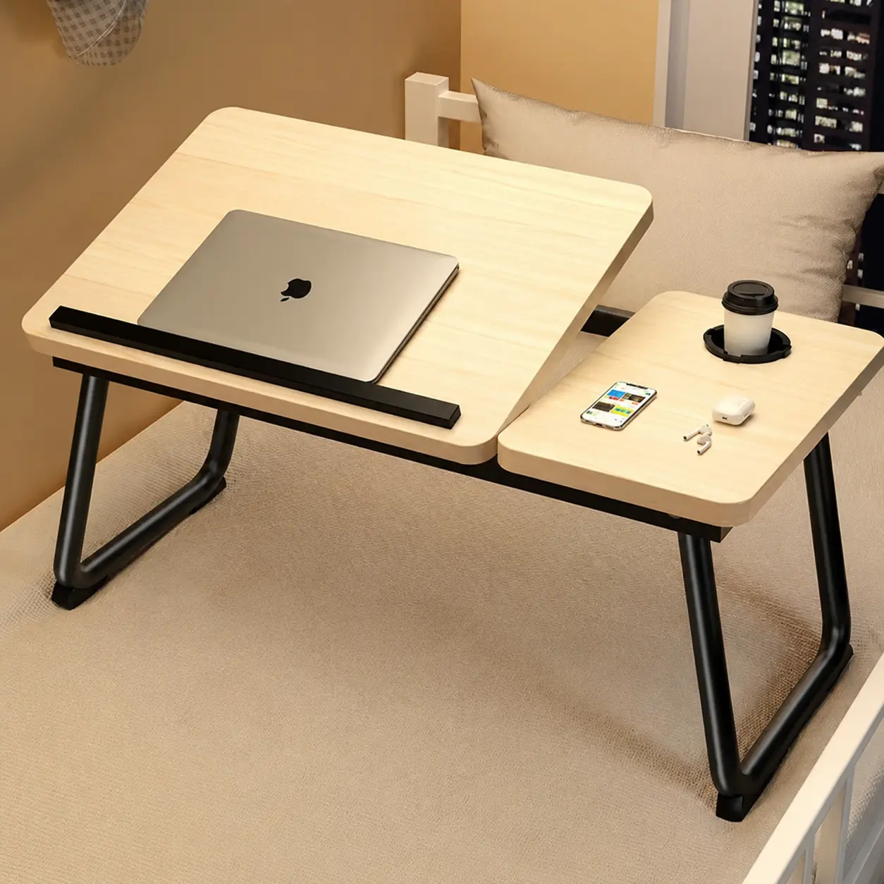 Foldable Bed Laptop Desk with 5‑Position Adjustable Tilt, Independent Side Board & Cup Holder, Anti‑Slip Stopper Bar for Bed Sofa Dorm Use