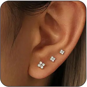 3 Pairs 14K Gold Plated Stud Earring Sets for Women Dainty 925 Sterling Silver Earrings for Multiple Piercing Tiny Cartilage Tragus Trendy Post Cute Earrings Stacks Jewelry Valentine Gifts