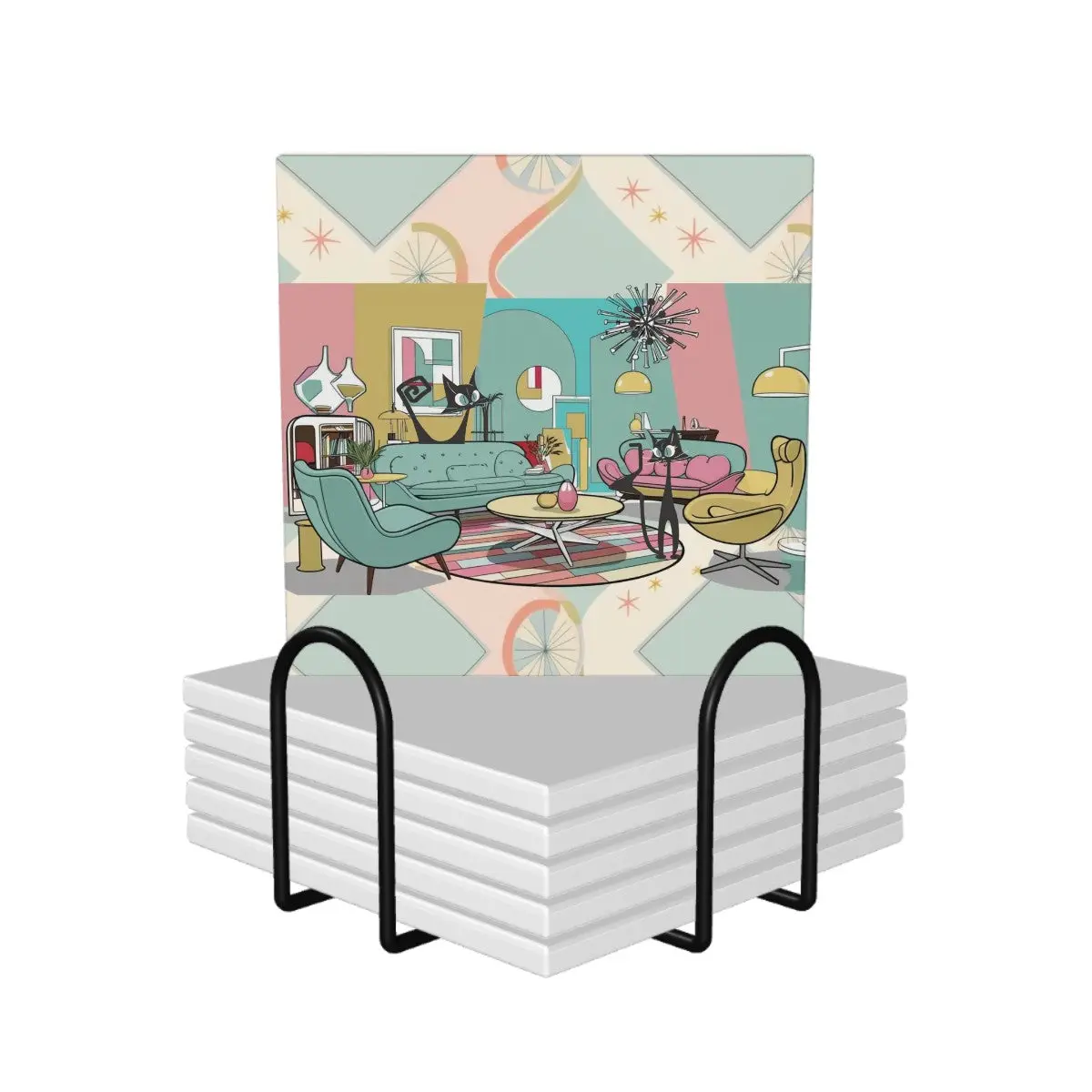 Atomic Kitschy Cats Mid Century Modern Barware Square Ceramic Coasters Set of 6