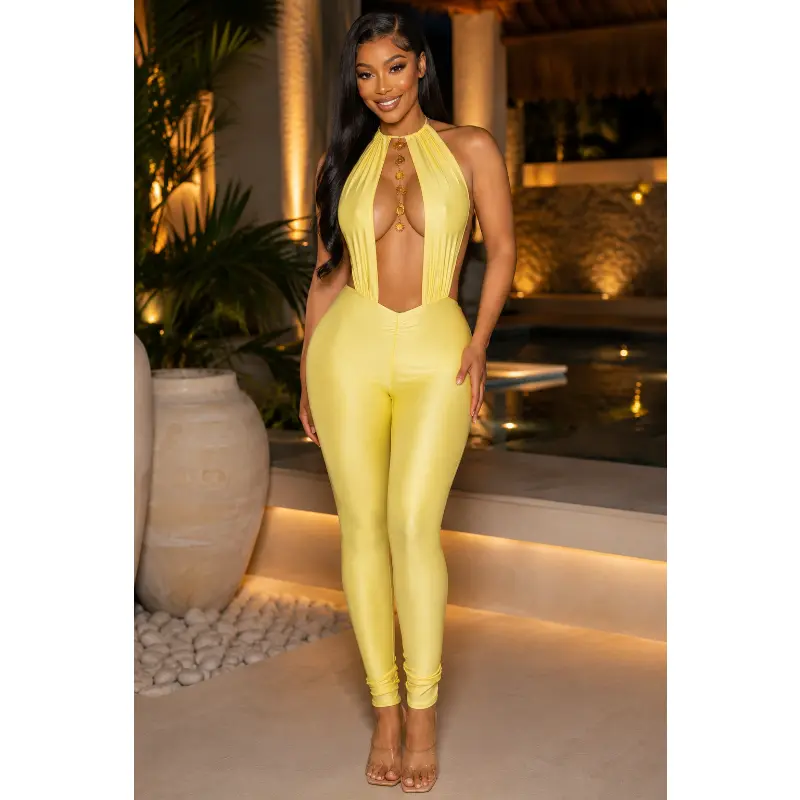 Chain Detail Deep V Halter Jumpsuit