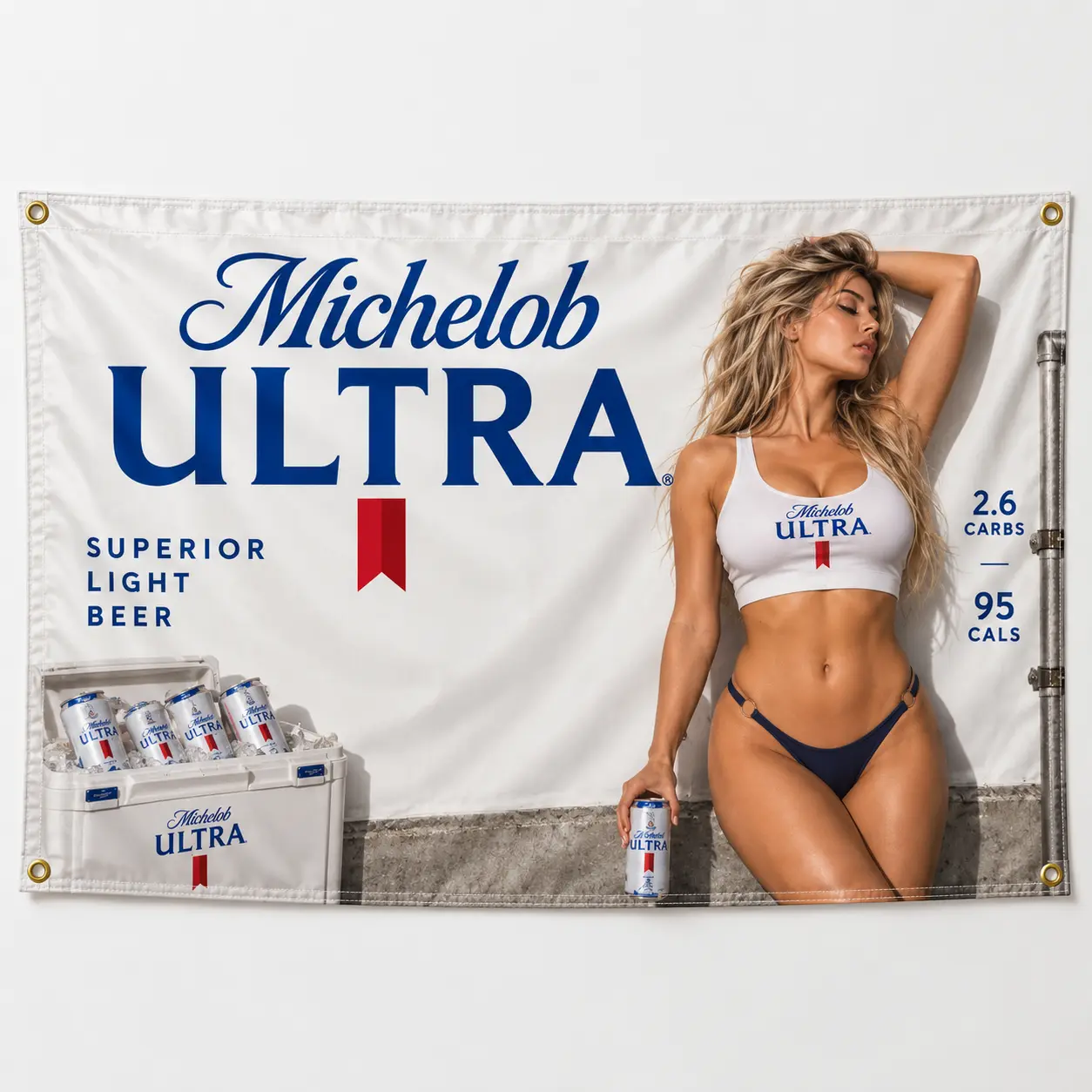 Michelob Ultra 3x5 Flag, Superior Light Beer Vintage Pin Up Wall Banner, Retro Blonde Girl Beer Cooler Design, Man Cave Garage Bar Dorm Patio Party Wall Decor Gift for Beer Fans