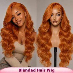 350 Ginger Body Wave Synthetic Human Hair Blend Lace Front Wig, 13x4 HD Lace Front Wig, Pre Plucked Natural Hairline with Baby Hair, Glueless Wear And Go Wig middle part synthetic heat