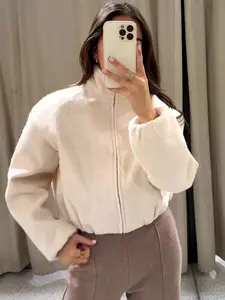 Women's Bomber Jacket Lady Cream Teddy Fleece Long Sleeve Cropped Jacket Stand Collar Zip Up Jacket Oversized Coat Cozy Casual Women's Layered Outerwear Womenswear