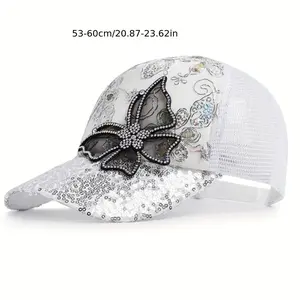 Women's Acrylic Sequin Butterfly Baseball Cap - Mesh Breathable, Rhinestone-Accent Hat - New Year Gift