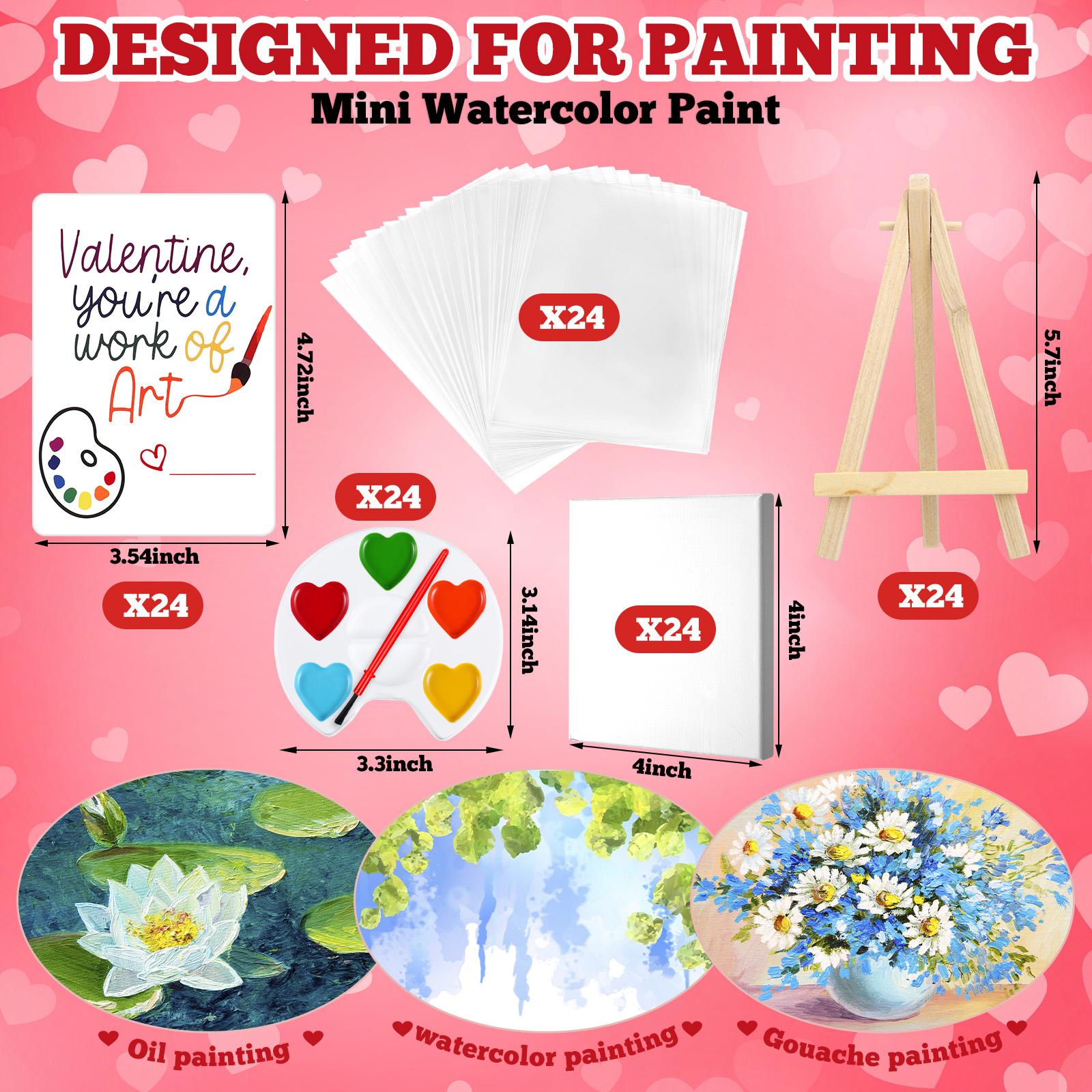 18/36 Pcs Mini Watercolor Paint Sets Valentines Day Gifts Bulk for Kids Valentines Cards Include watercolor Paint and Canvas Panel with Wooden Easel Brush Kit for School Classroom teacher students Holiday Gifts