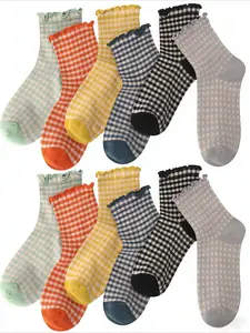 Women Ruffle Striped Frilly Socks, 6/12 Pairs Cute Checkered Ankle Socks, Casual Crew Socks, Lettuce Edge Frilly Athletic Socks, Size 5-10, Fit, Womenswear