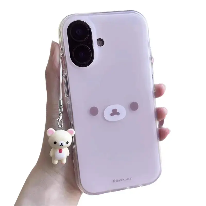 Crystal-Transparent White Light Painted Bear Expression Protective Phone Case Casing with Bear Pendant for iPhone 11/12/13/14/15/16/17 Pro Max