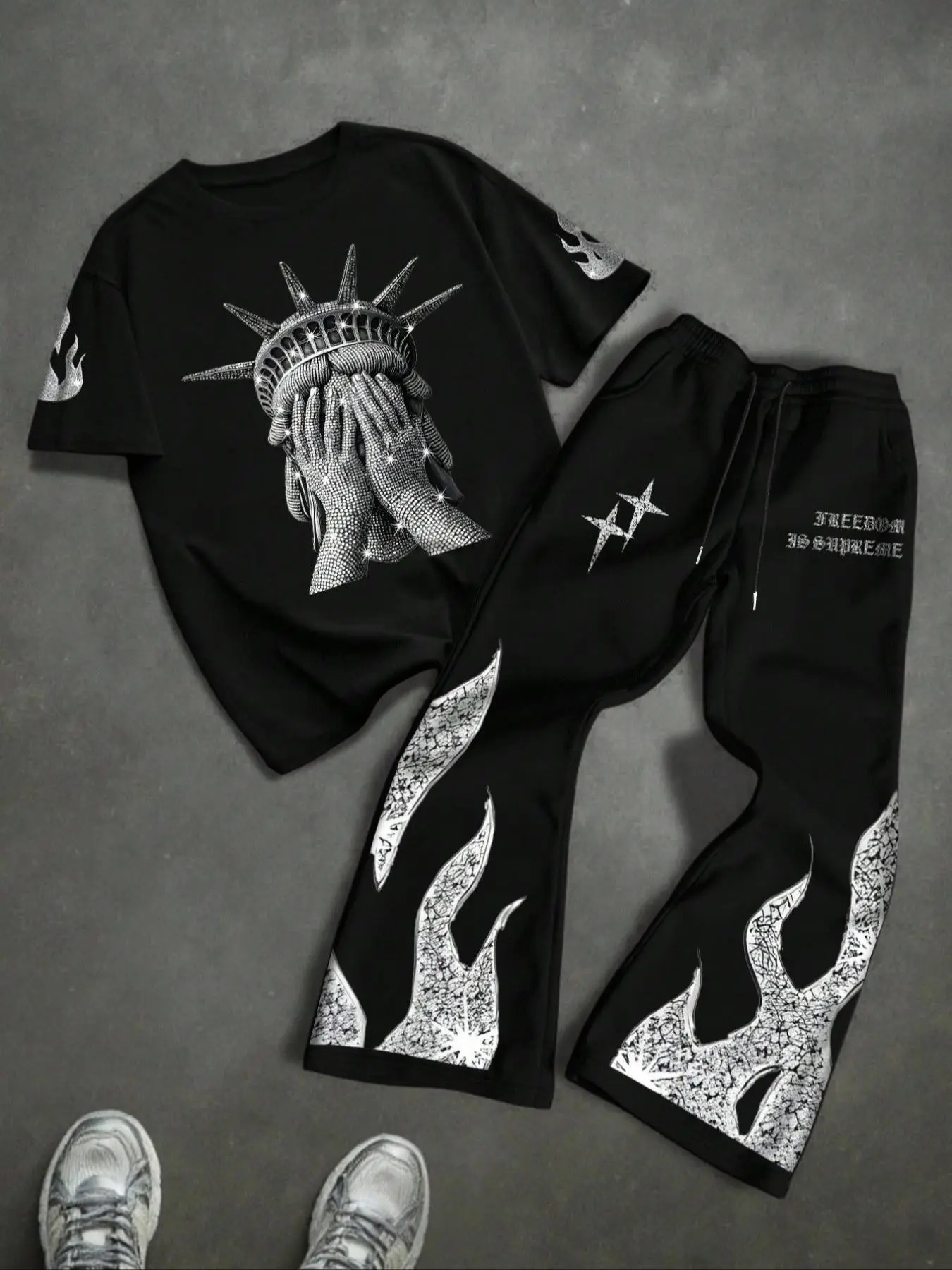 Men's Short Sleeve Tracksuit Set, Knit Tracksuit, Sweatsuit Loose, Casual Sporty Set, Faux Diamond Goddess Pattern, Style, All Seasons Wear, Casual Daily Commute Gift Idea, Athletic Tracksuit Set, Athleisure Set, Casual Athletic Sportswear