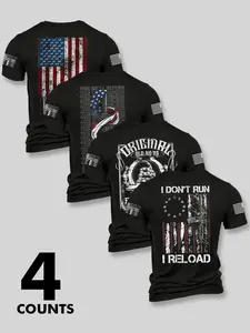 Men's Fashion Stylish Classic Round Neck Casual Short Sleeve T-Shirt, Summer Comfortable Flag Print Outdoor Tee, 4 Pack Set, Casual Summer Clothing, Perfect for Boyfriend Daily Wear