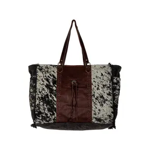 Myra Rosalinda Cross Stitched Hairon Leather Weekender Bag - Spacious Travel Tote with Stitch Trim and Durable Shoulder Straps