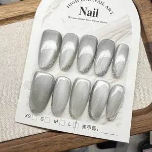 New Luxury Standard! Silver Grey Cat Eye Press On Fake Nails, Exquisite Hand-Painted Glitter French Tip, Unique & Rare