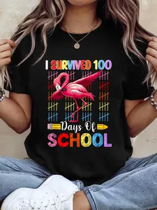 Survived 100 Days Of School Cute Colorful Dabbing Flamingo T-Shirt