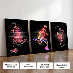 3 Pcs Neon Soccer Poster Canvas Print Wall Decor, Optional Frame, Sports Decor, Fan Wall Decor, Modern Art, Perfect Gift For Soccer Enthusiasts, Home Decorations For Living Room, Entryway, Bedroom, Bathroom