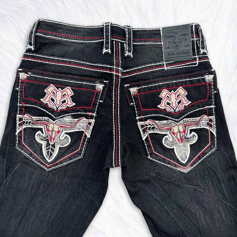 Rock Revival Black Straight Leg Jeans for Men – Western Cowboy Style Denim – Heavy Stitch Embroidered Back Pocket – Y2K Streetwear Jeans – Premium Dark Wash