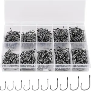 500PCS Premium Fishing Hooks, 10 Sizes Carbon Steel Fishing Hooks with Portable Plastic Box, Strong Sharp Fish Hook with Barbs for Freshwater/Seawater
