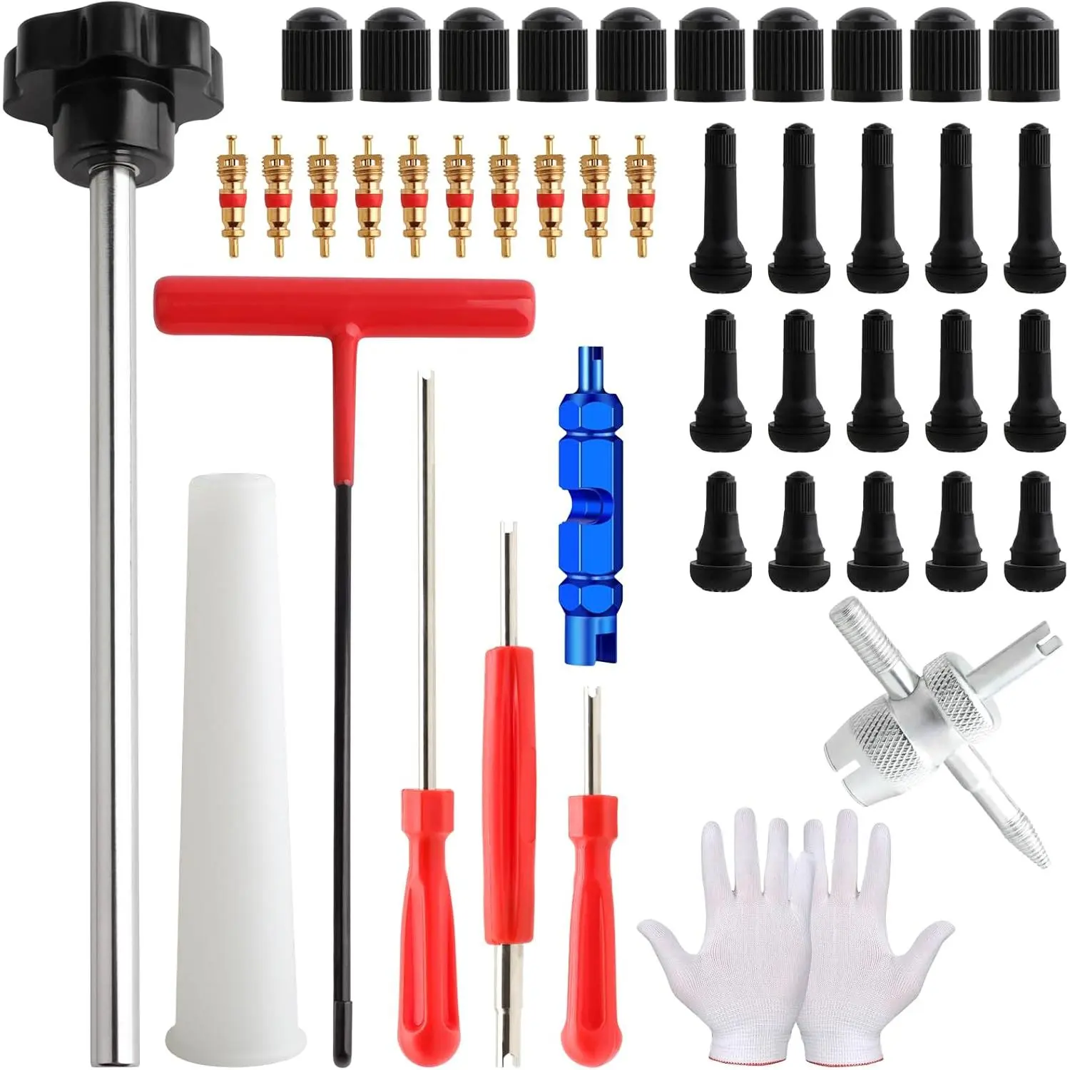 45 PCS Valve Stem Core Removal Replacement Tool Kit, Tire Valve Stem Removal Tool and TR412, TR413, TR414 Tire Snap in Short Rubber Valve Stem, 4 Way Valve Core Remover