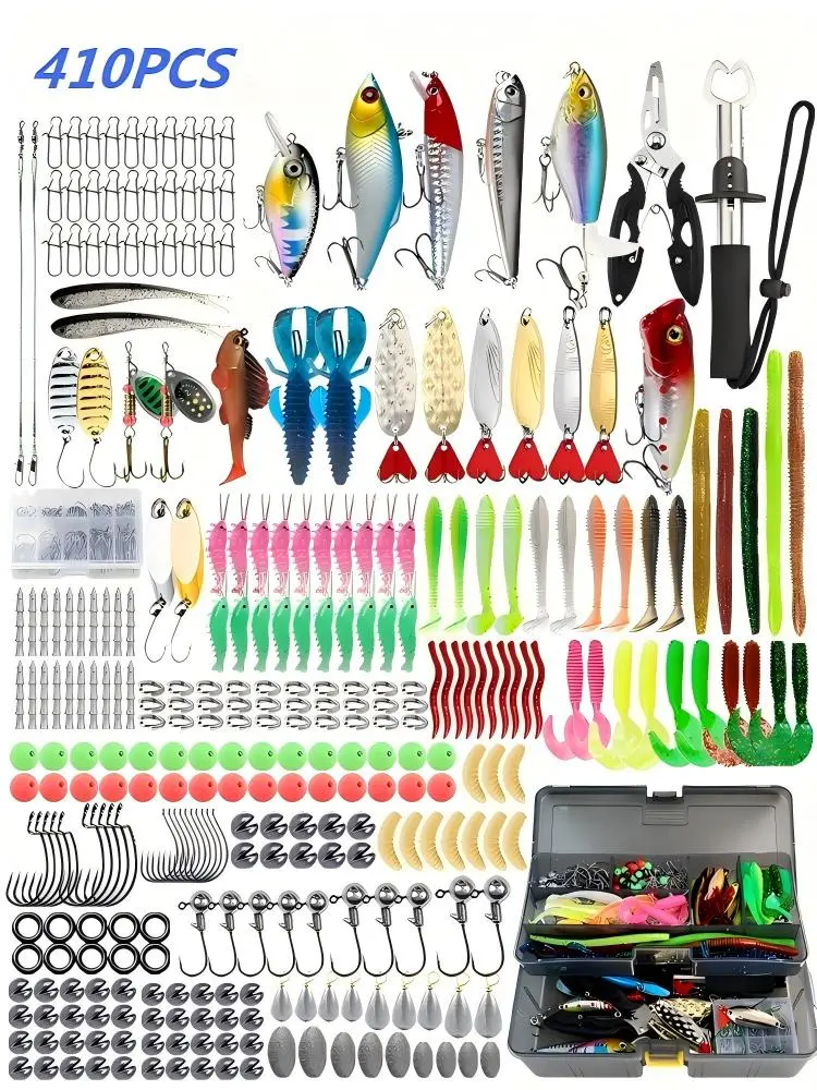 410 Pcs Fishing Equipment Lures Kit - 2026 New Tackle Box with VIBs, Minnows, Soft Baits, Hooks, Weights, and Other Tackle Accessories, Freshwater Bass Fishing Gift for Men