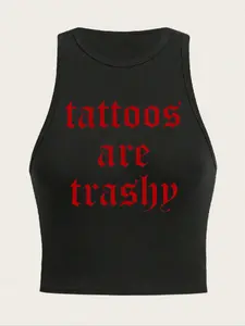 Women's Thermal Lined "Tattoos Are Trash" Printed Round Neck Tank Top, Y2K Trendy Casual Sleeveless Top for Daily Wear, Ladies Clothes for All Seasons