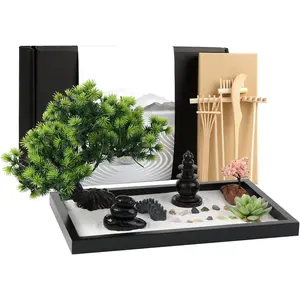Kit for Desk Decor - Premium Beautiful Japanese Mini Sand Box Set for Home Office with Black Wooden Tray, White Sand, Rake Tools for Desktop Meditation Therapy and Accessories