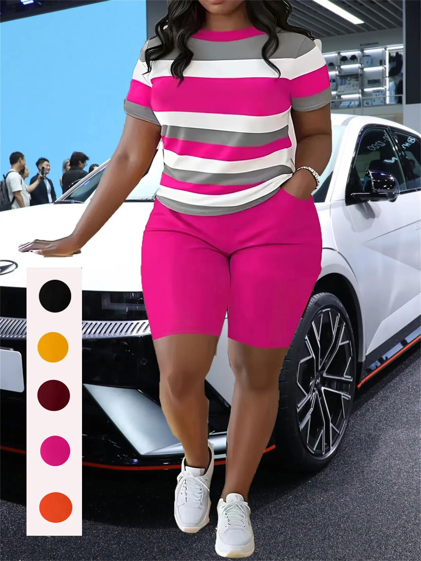 Plus Size Casual Shorts Set Color Block Crew Neck Short Sleeve Top & Solid Color Pocket Shorts Outfits for Spring & Summer 2 Piece Sets for Women Summer Striped Outfits Round Neck Track Suits Sweatsuits Women's Plus Size Clothing