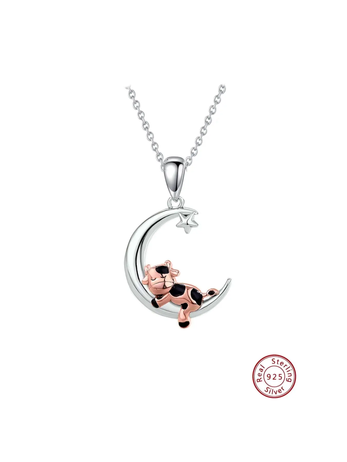 925 Sterling Silver Cute Cow & Moon Design Pendant Necklace, Animal Design Pendant Necklace, Fashion Jewelry Accessories for Women & Men As Gift