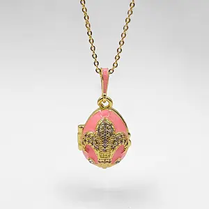 Vibecharm Vintage Enamel Egg Locket Necklace - Long Gold-Tone Copper Chain, Openable with Secret Mini Angel Pendant, Dainty Boho Costume Jewelry for Layering, Necklaces