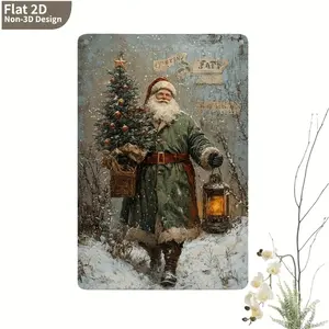 2D Flat, 1pc Large Vintage Santa Claus Metal Wall Decor - Heavy-Duty Iron Rustic Farmhouse Christmas Sign with Snowy Scene, Antique Look & Pre-Drilled Holes - Indoor/Outdoor Holiday Decoration for Home, Bar, Office - Ideal Gift