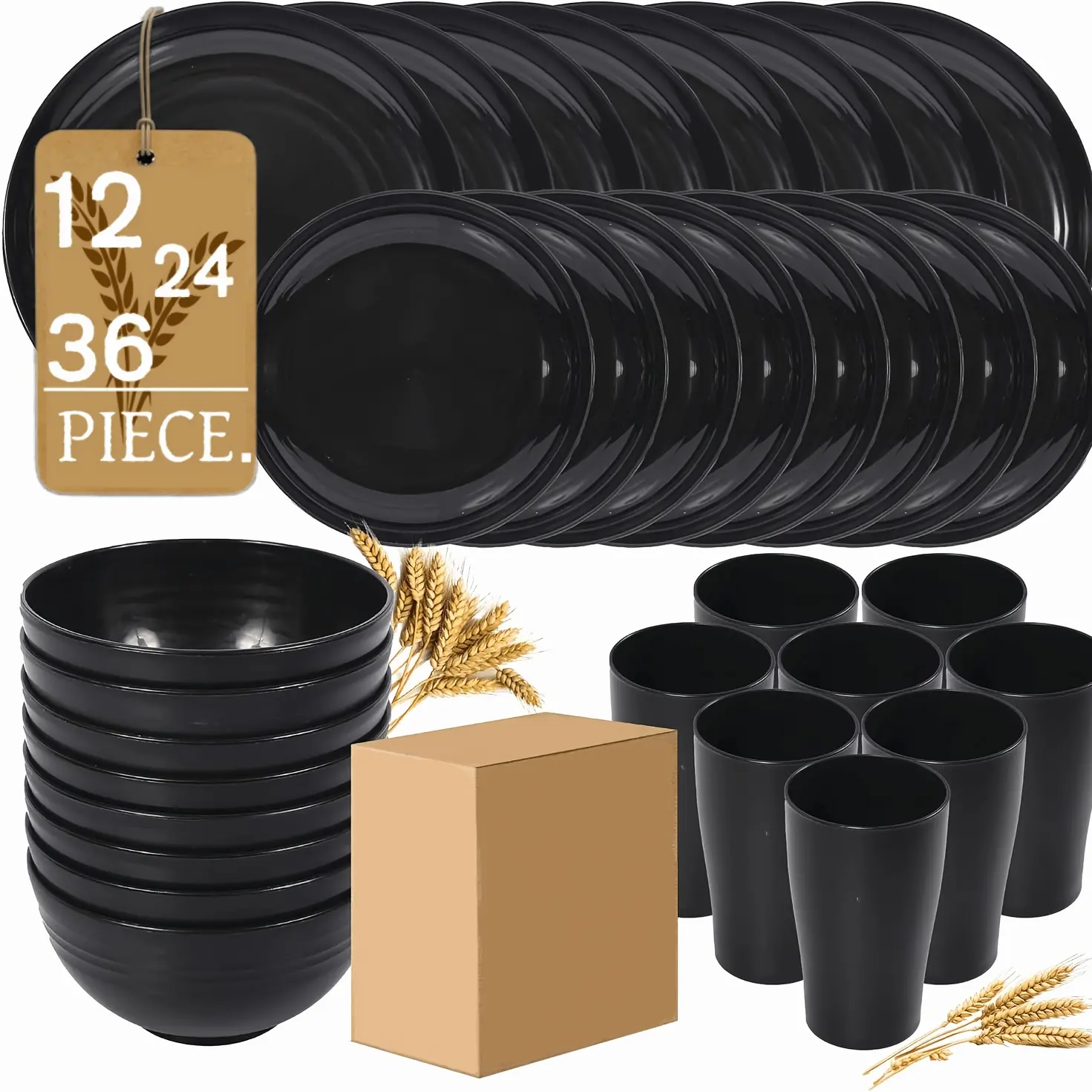 12/24/36 Wheat Straw Dinnerware Sets - Dishes, Reusable Plastic Plates, Dishwasher And Microwave Safe Plates And Bowls Sets, Bowls, Drinking Cups, Plastic Dishes for Camping, Party
