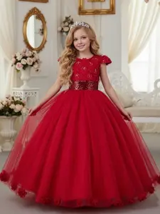 Girl's Floral Decor Contrast Mesh  Dress, Floral Print Dress, Elegant Round Neck   Dress for Party Performance Wedding Guest, Kids Clothes for All Seasons