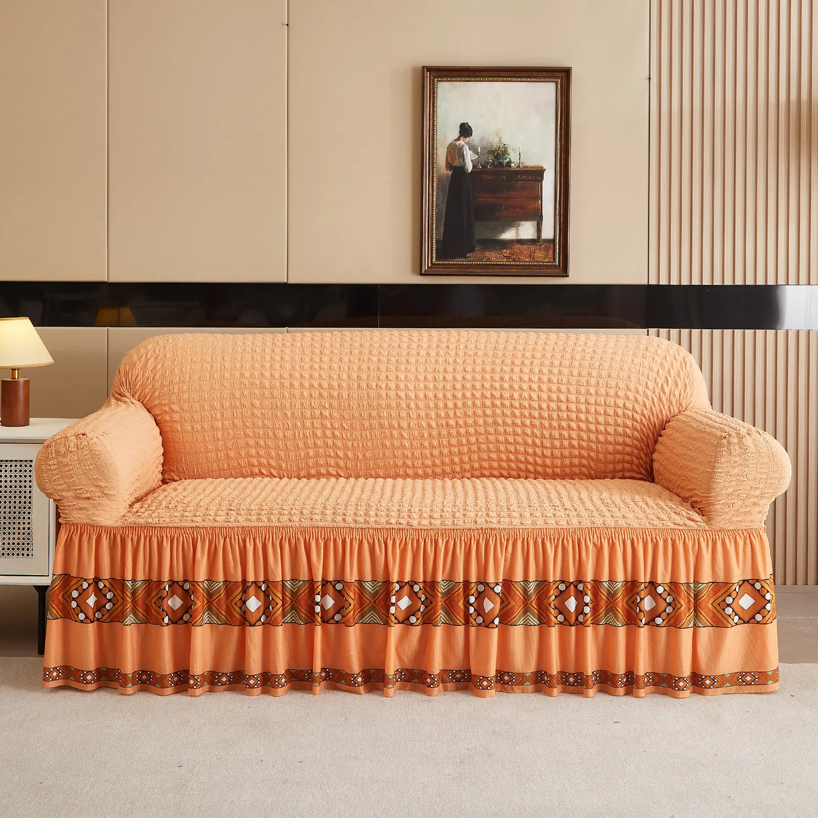 3D Bubble Lattice Stretch Sofa Cover, 1/2/3/4-seat Cover Couch Cover Washable Elastic Sofa Slipcover Protector with Skirt, High Stretchable Durable Furniture Protector