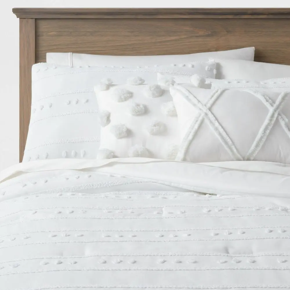pc Clipped Stripe Poms Comforter Bedding Set - Threshold: Dobby Polyester OEKO-TEX Certified