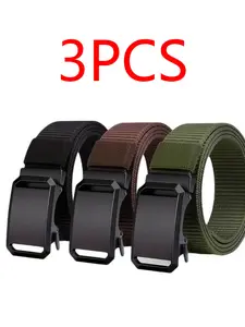 3-Pack Men's Metal-Free Nylon Belt, Auto Buckle Outdoor Tactical Canvas Waistband, Military Training Commute Pants Strap, All Seasons Casual Style