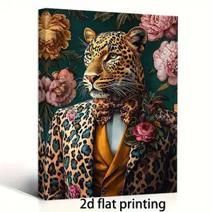 Room Decor 1pc, Leopard in Elegant Floral Suit Canvas Art Print, 29.97x39.88 cm, Wooden Framed Wall Decor, Perfect for Farmhouse, Living Room, Bedroom, Unique Holiday Gift - AAFP3638
