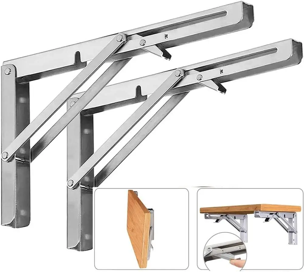 10 Inch Folding Shelf Brackets, 2 Pack Stainless Steel Heavy Duty L Bracket, Max Load 330 lb, Space Saving Wall Mounted Collapsible Shelf Bracket for Workbench, Garage, DIY